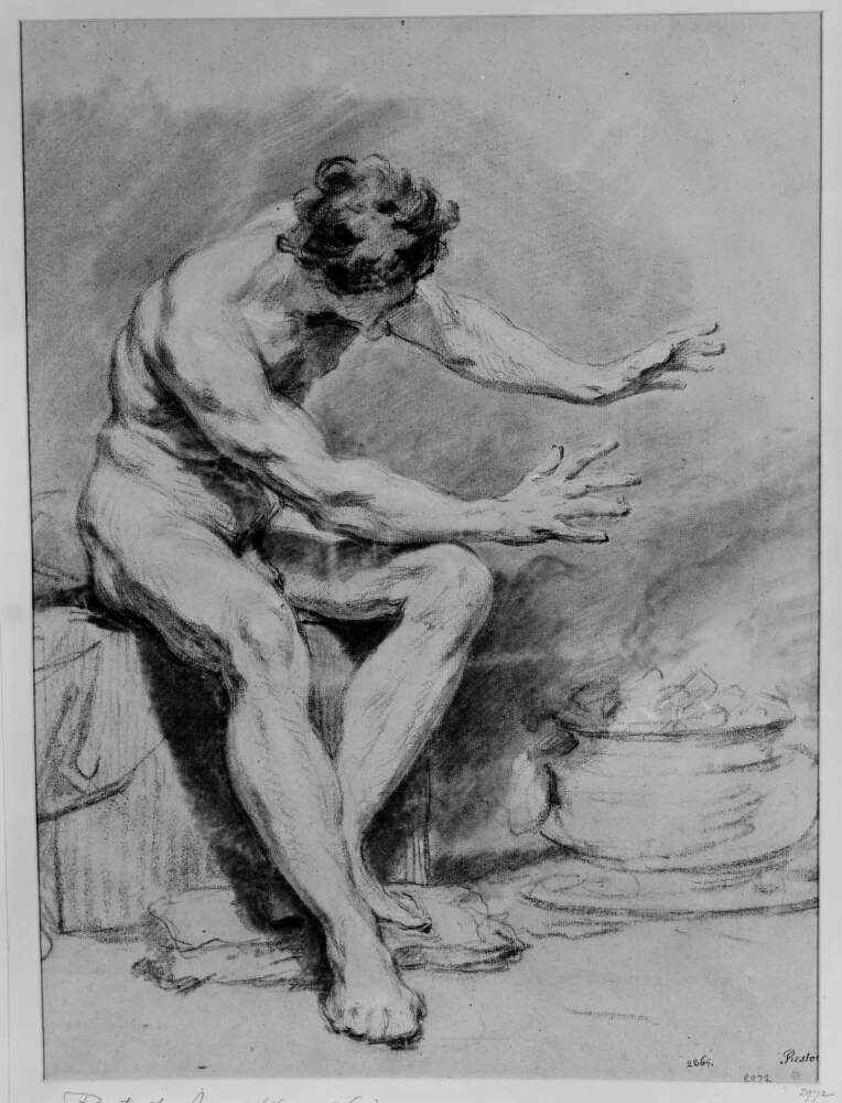 Figura maschile nuda che si scalda le mani sopra un calderone di carbone